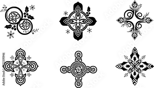 Set of abstract Celtic symbols and ornaments vector with winter holiday decoration elements
