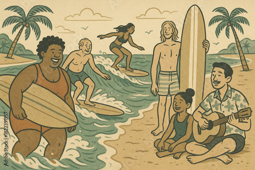 Warm-toned illustration of diverse people enjoying music, surfing, and coastal fun in a lively retro beach scene.