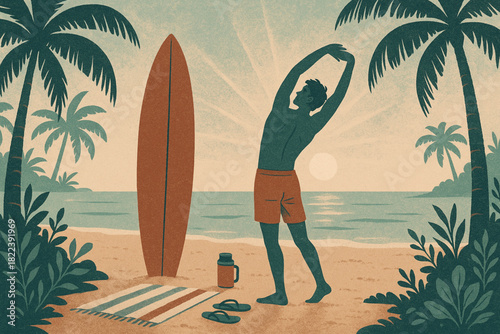 Warm-toned illustration of a surfer stretching on the beach at sunrise, with surfboard, towel, and tropical plants.