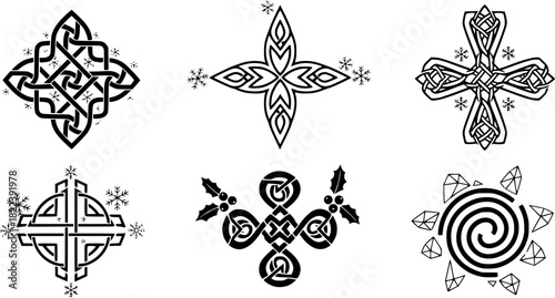Set of abstract Celtic symbols and ornaments vector with winter holiday decoration elements
