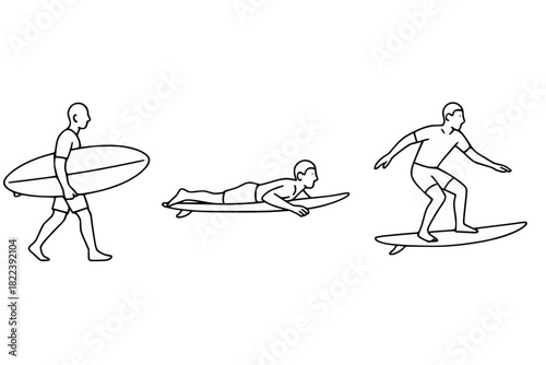 Minimalist black and white line drawing showing three stages of surfing: walking with board, paddling, and riding a wave.
