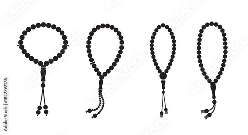 Rosary Beads Vector Illustrations Set on White Religious Traditional Muslim Elements