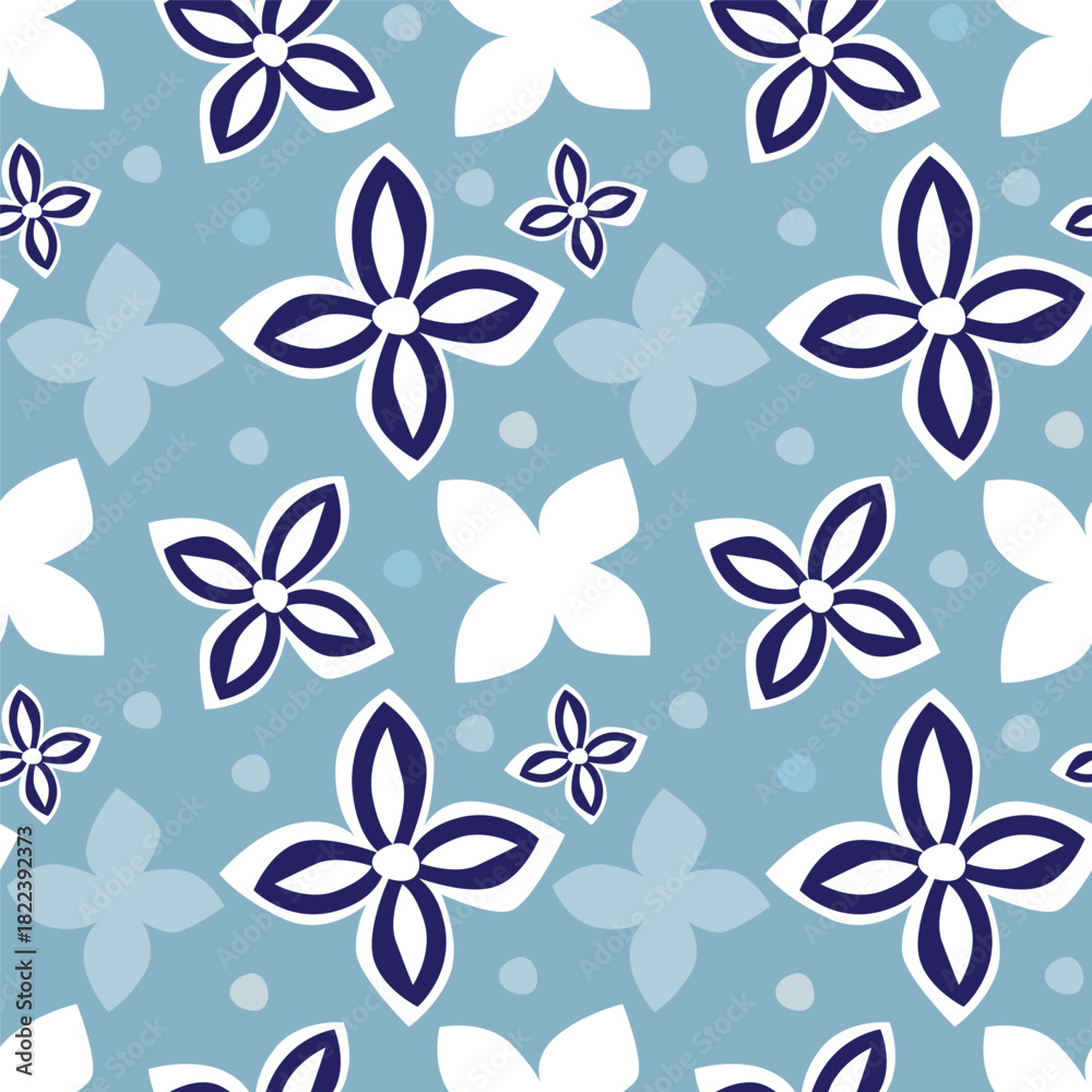Obraz premium A seamless vector illustration of a blue background adorned with white and navy blue floral patterns and light blue dots