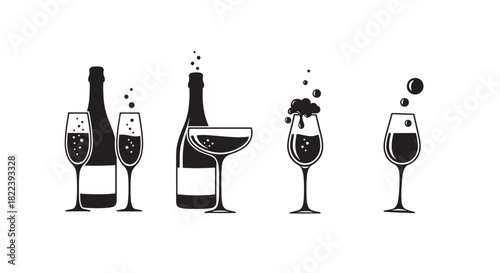 Champagne Bottle Flute Silhouette Composition Sparkling Alcohol Drink Bubbles Celebration Beverage Toast Occasion