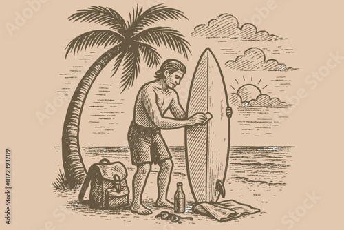 Sepia-toned vintage-style illustration of a surfer waxing a board on the beach, surrounded by tropical details and coastal gear.