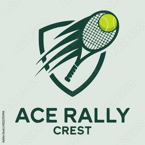 Ace Rally Crest tennis shield with fast racquet and ball, modern court sport logo badge vector for clubs, coaching and tournament branding