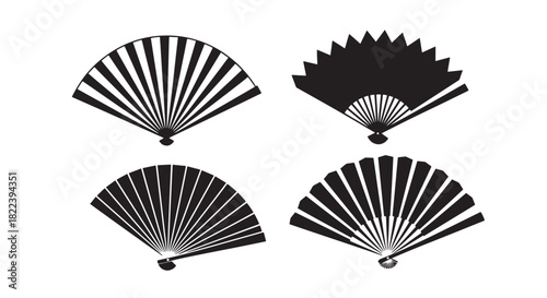 Fan Silhouette Collection Folding Oriental Handheld Breeze Device Vector