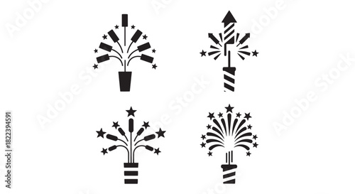 Stylized Fireworks Silhouettes Set Celebrating Special Events and Festive Occasions Isolated on White Background