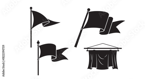 Collection of Pennant Banners and Flags Silhouettes Symbols for Medieval Decoration Isolated on White Background