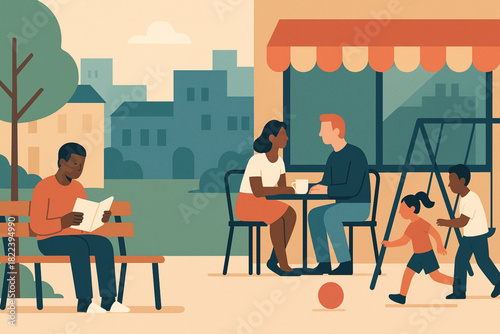 Colorful illustration of diverse people enjoying outdoor activities in an urban park setting, highlighting leisure and social interaction.