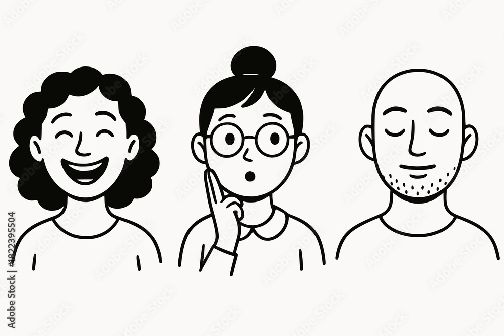 Fototapeta premium Minimalist black and white cartoon trio showing cheerful, contemplative, and serene facial expressions through expressive line art.