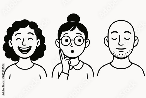 Minimalist black and white cartoon trio showing cheerful, contemplative, and serene facial expressions through expressive line art.