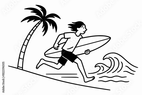 Minimalist black and white line drawing of a surfer running barefoot toward the ocean with a surfboard, evoking motion, adventure, and coastal energy.