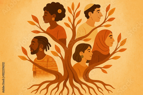 Warm-toned illustration of diverse individuals gathered around a symbolic tree, representing unity, heritage, and cultural connection.