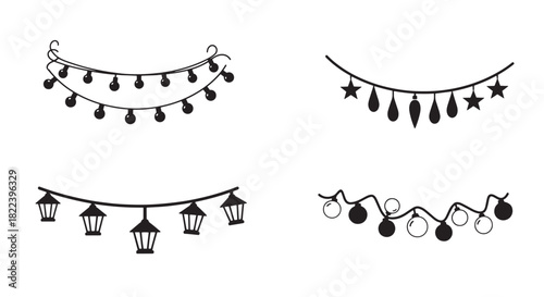String Lights Garland Vector Set Hanging Decoration Design Festive Illumination Celebration Elements Party Lamp Bulbs Lantern Graphic