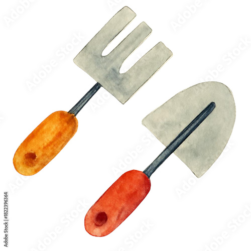 Watercolor Gardening Tools Hand Trowel and Fork