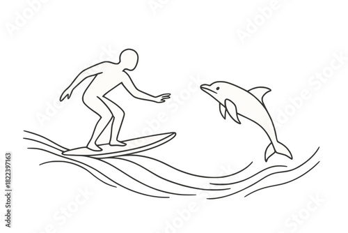 Minimalist black and white line drawing of a surfer balancing on a wave as a dolphin leaps nearby, evoking harmony and motion.
