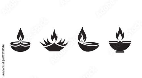 Diwali Lamp Silhouette Set Vector Indian Festival Light Decoration Spiritual Celebration Traditional Design