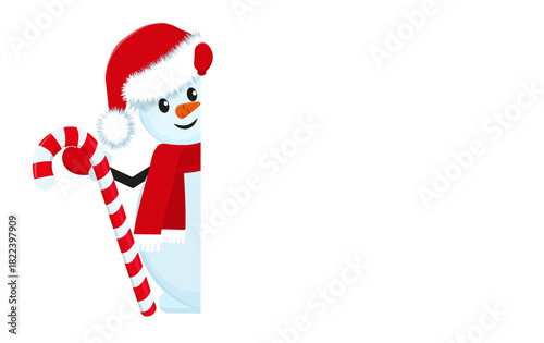 Happy smiling snowman peeking from behind a blank banner and holding a candy cane. Cute winter character for Christmas cards, posters and holiday design. Vector illustration.