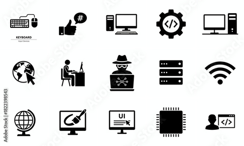 Internet computer icon set. Containing online, computer, network, website, server, web design, hardware, software and programming. Solid icons vector collection.