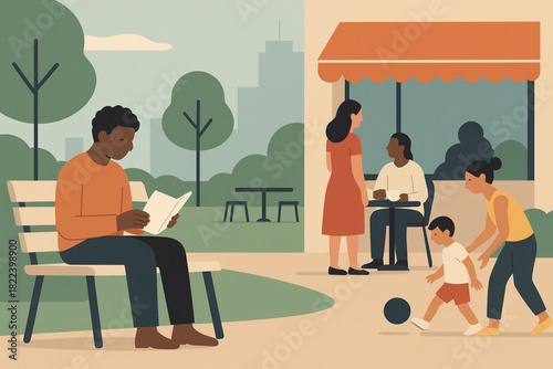 Colorful illustration of diverse people enjoying outdoor activities in an urban park setting, highlighting leisure and social interaction.