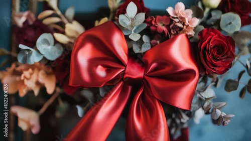 A beautiful bouquet of flowers is adorned with a red ribbon, which is tied in a bow. The ribbon is the focal point of the arrangement, drawing attention to the vibrant colors