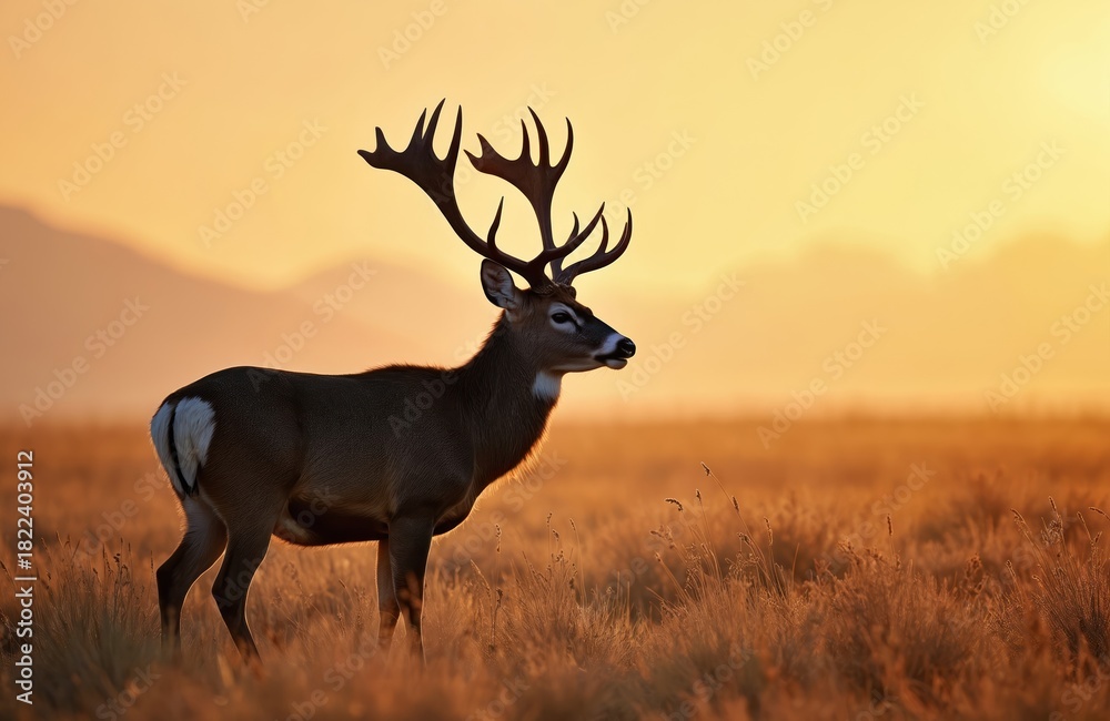 Naklejka premium Majestic mule deer buck with large antlers stands in tall dry grass field during golden hour sunset. Animal in its natural habitat during autumn. Wildlife scene with mountain landscape.