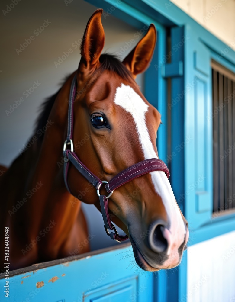 Fototapeta premium Beautiful brown horse looks out from a blue stable stall. White blaze on face, wearing a dark halter. Horse watches surroundings from its barn window. Animal poses calmly in daytime sun.