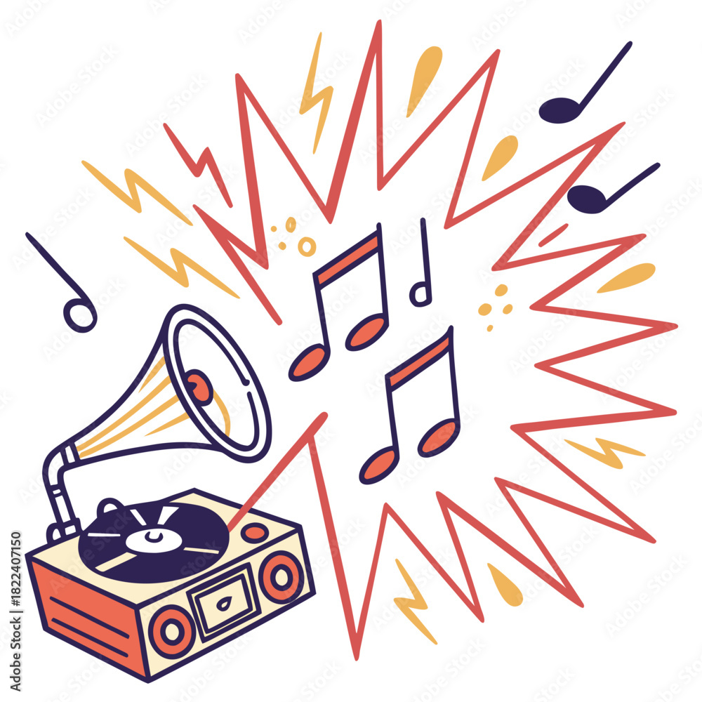 Fototapeta premium An energetic illustration where musical notes appear to be bursting outward with spark lines.