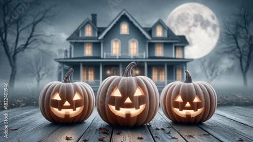 Halloween Jack-O'-Lanterns in Front of Haunted House