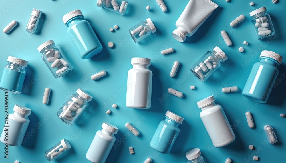 Fototapeta premium Medicine arrangement on a blue background. Bottles pills and capsules are displayed. The scene presents pharmaceutical products. Health and wellness concept. Medical theme is highlighted.