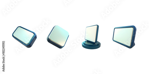 Glassy blue 3D device screens isolated on white background transparent gradient monitor shapes rectangular and circular glossy futuristic display icons