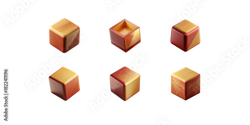 3D wooden cubes isolated on white background natural brown block set smooth texture various light and dark wood tones simple geometric cube icons