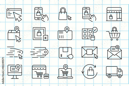 Online shopping e-commerce delivery transaction doodle icons set