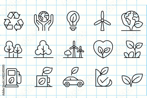 Eco-friendly energy and environmental protection doodle icons