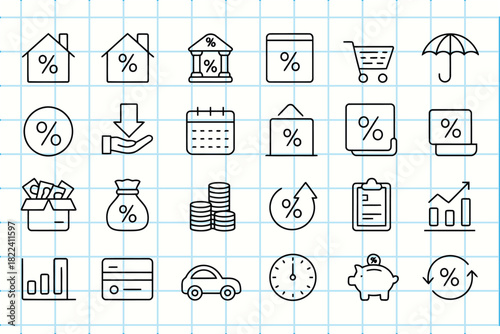 Hand drawn financial doodle icons set for banking and economy