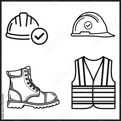 Construction safety icons including hard hat boots and safety vest Keywords: construction, safety, hard hat, helmet, boots, safety vest, icon