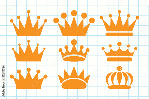 Set of various golden crown icons, symbols of royalty and power.