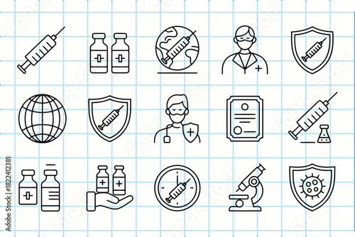 Vaccination, medical health, and global protection doodle icons