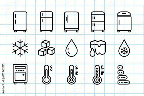 Refrigerator, freezer, and cold temperature doodle icons set