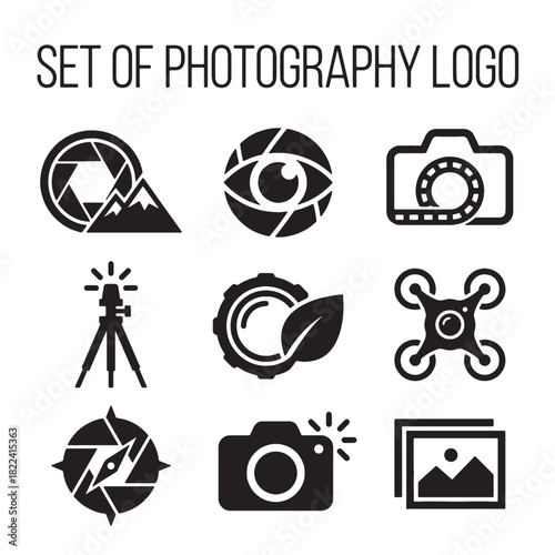 A set of black and white vector photography icons; a versatile collection of digital camera logo designs for creative branding and professional visuals.