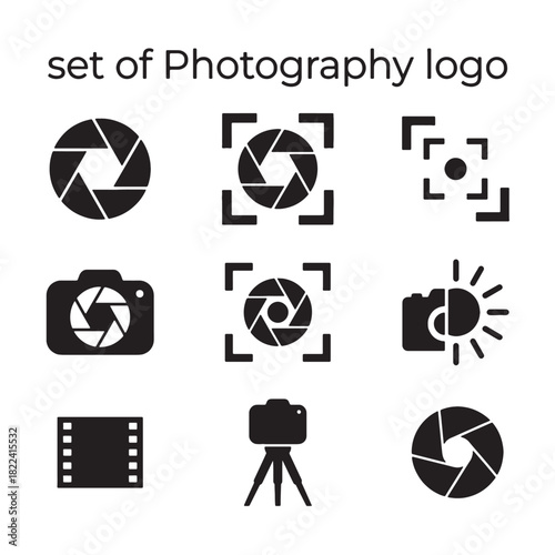 A set of modern photography logo icons featuring camera aperture, shutter elements, and vector illustrations in a clean black and white minimalist style, perfect for branding.