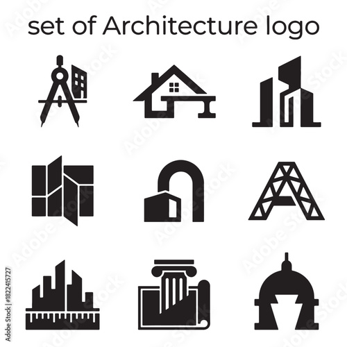 Dynamic set of modern architecture logo icons representing building, construction, design, real estate, and engineering sectors, ideal for impactful branding.