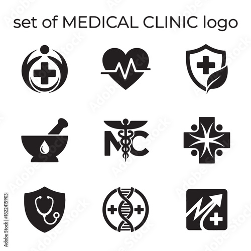 Clean vector set of medical clinic logo icons, offering diverse health symbols for healthcare branding and professional clinic applications.