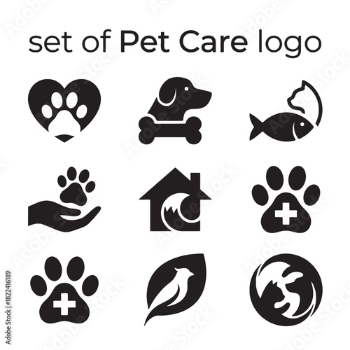 A vector set of pet care logo icons for animals, ideal for veterinary clinic or shelter design.