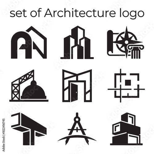 A comprehensive set of architecture logo icons featuring modern, abstract building and construction design vector graphics, perfect for business and branding.