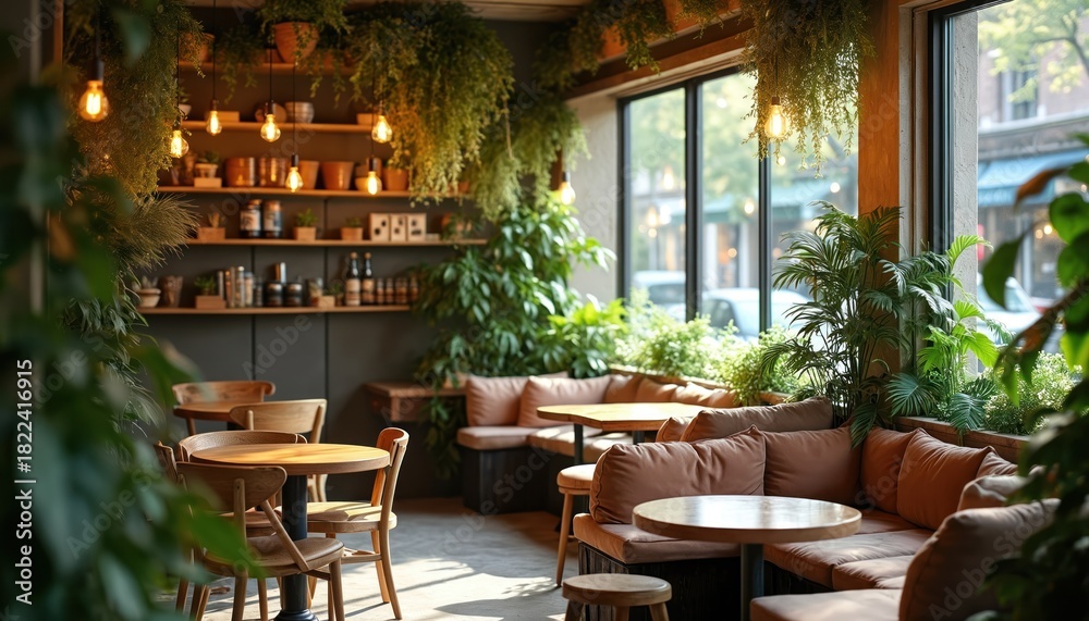 Fototapeta premium Cozy cafe interior with green plants. Wooden tables, chairs. Brown leather couches. Large windows with city view. Hanging light bulbs. Shelves with dishes, bottles. Modern furniture design. Indoor