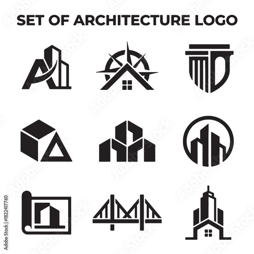 Set of Modern Vector Architecture Logo Designs for Buildings, Real Estate, Construction, and Corporate Identity Branding, perfect for professional businesses.