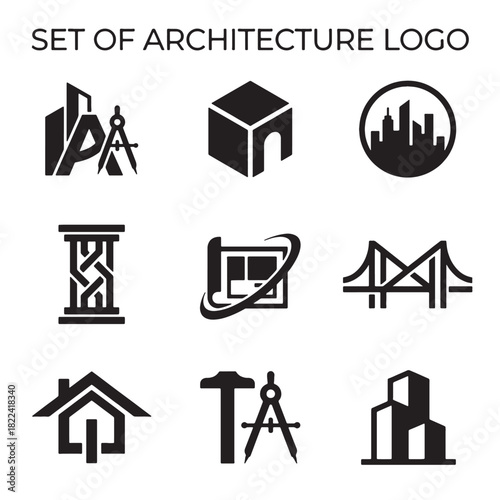 Modern Abstract Vector Architecture Logo Icon Set for Construction and Engineering Building Design Branding, featuring diverse urban and residential structures.