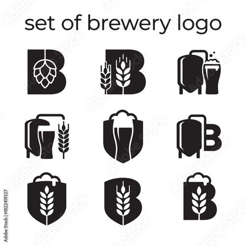 Diverse vector brewery logo set, featuring craft beer icon designs with hops, wheat, and pint glasses, ideal for modern branding.